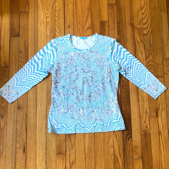 J. McLaughlin EUC Women's Light Sky Blue Scroll Print Long Sleeve Knit Top M - Picture 1 of 7